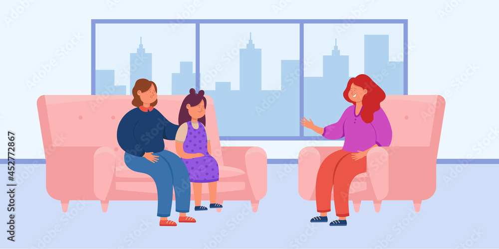 Mom and daughter at meeting with psychologist. Flat vector illustration. Mother and child sitting on sofa, discussing troubles with psychotherapist. Psychotherapy, support, help, relationship, family