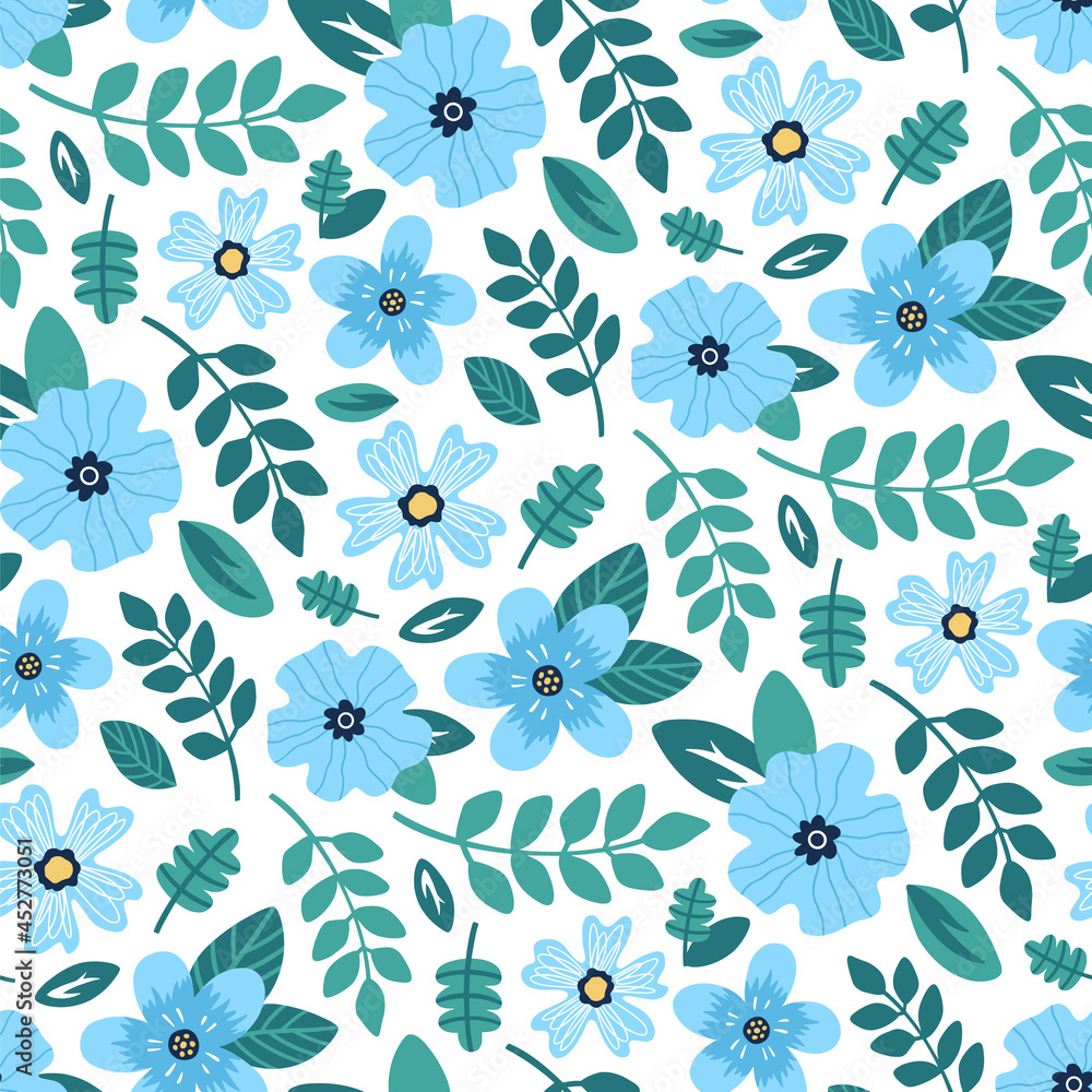 Cute colorful pattern with blue flowers and leaves on a white background. Hand drawn illustration isolated on white. Cute colorful pattern with blue flowers and leaves on a white background. Hand drawn illustration isolated on white.