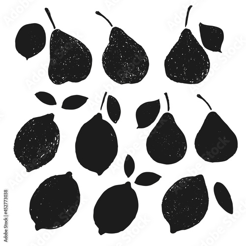 Hand drawn pear and lemon with grunge texture. Vector illustration.