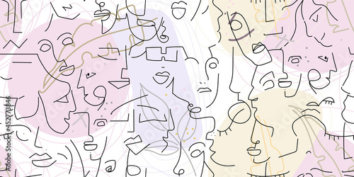 One line drawing. Abstract face seamless pattern.