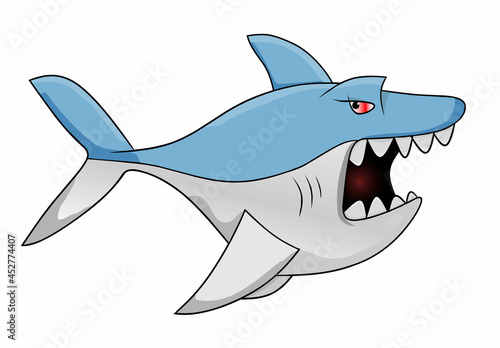 catoon angry blue shark with red eye