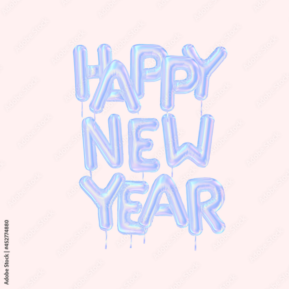 Happy New Year balloons text, holographic foil letters 3d rendering Happy New Year balloons text, holographic foil letters 3d rendering