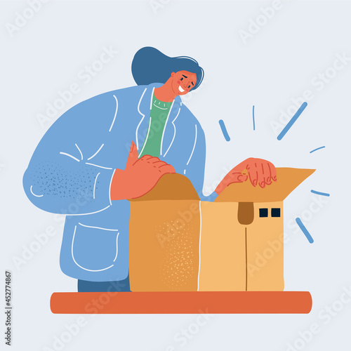 Vector illustration of woman unpacks the received package