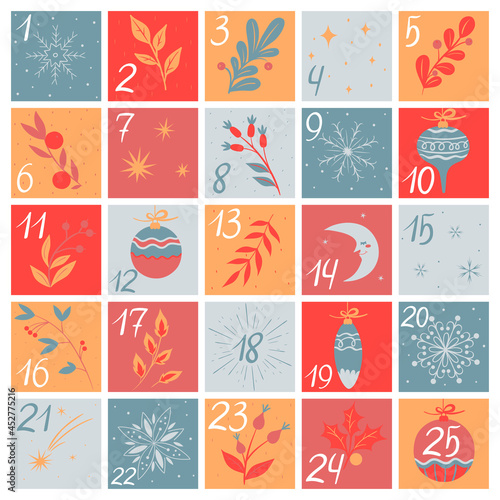 Christmas advent calendar with hand drawn elements. Vector graphics.