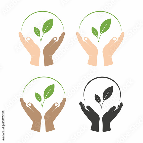 A set of hands of different skin colours hold green leaves. The concept of caring for and protecting nature. Isolated on a white background. Vector illustration