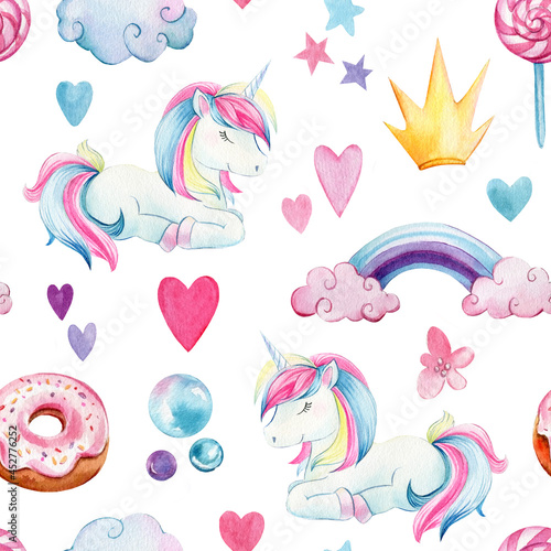 Baby background with unicorn  watercolor drawing. Seamless pattern