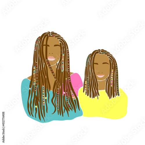 Mother daughter braids drawn in hand drawn style. Happy family illustration design. Vector drawing. Lifestyle concept.
