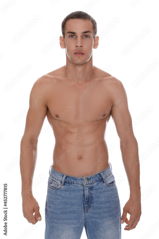 Handsome shirtless man with slim body isolated on white Handsome shirtless man with slim body isolated on white