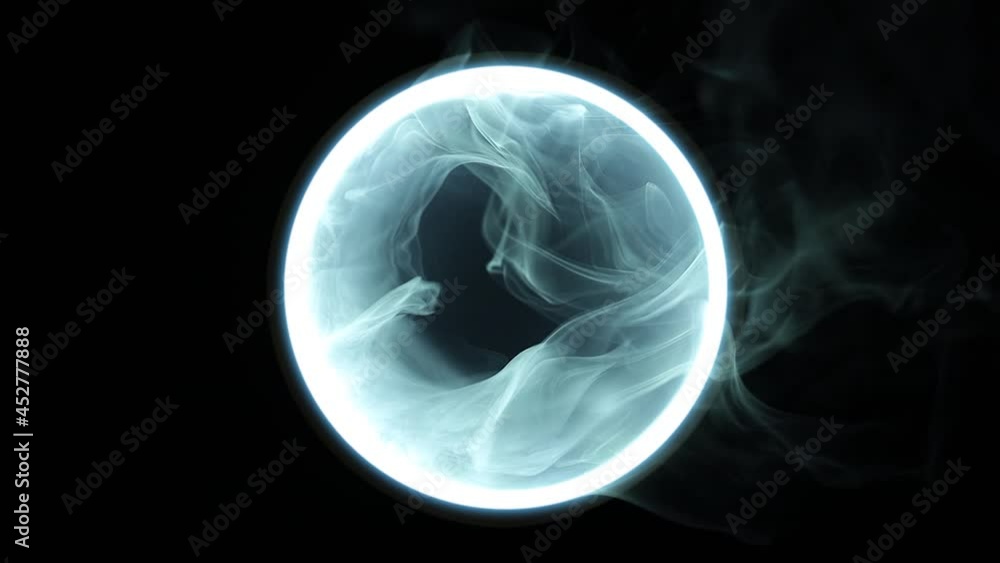 Futuristic smoke. Neon blue color geometric circle on a dark background. Round mystical portal. Mockup for your logo. Futuristic smoke. Neon blue color geometric circle on a dark background. Round mystical portal. Mockup for your logo.