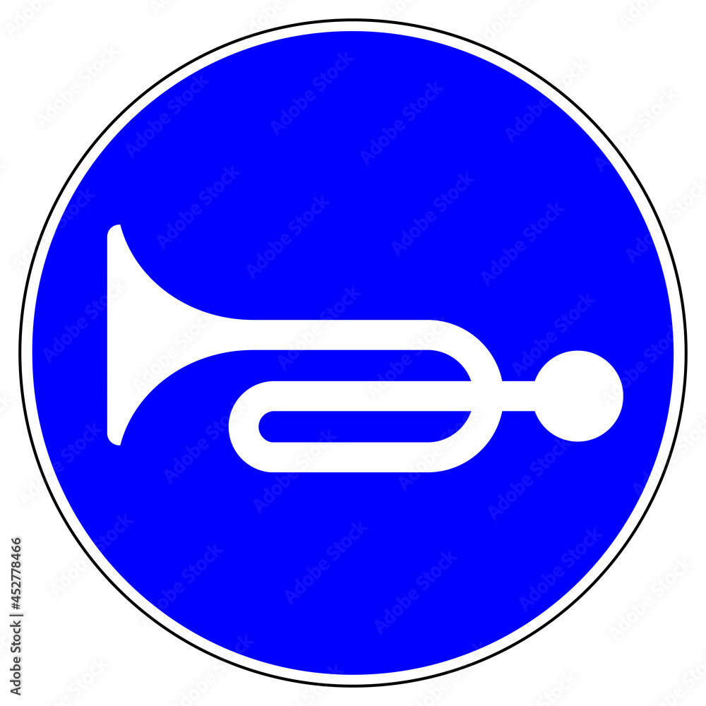 shas681 SignHealthAndSafety shas - German / Gebotszeichen: Hupen / Langsam  fahren / Signal geben - Hupe benutzen . english / mandatory action sign:  sound horn / drive slowly - driver - xxl g10704 Stock Illustration