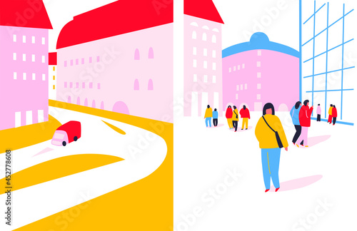 Urban landscapes for building, people and street. Cartoon flat vector banner, poster. Vector of social media stories design templates, background for copy space for text. People in the big city.