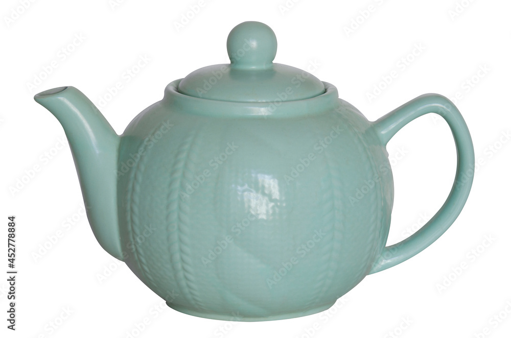 Cute turquoise teapot close-up isolated on a white background. Household utensils, kitchen utensils. Tea party, tea ceremony. Cute turquoise teapot close-up isolated on a white background. Household utensils, kitchen utensils. Tea party, tea ceremony.