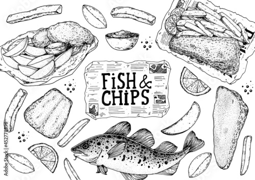 Fish and chips sketch vector illustration. British pub food. Hand drawn sketch. Cooking fish and chips. Engraved hand drawn vintage image. Menu design template.