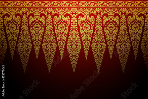 Thai art template background pattern golden color on red background. Retro antique style. Decorative design elements for textile, fabric, card, poster, brochure, menu, wall. Vector illustration.