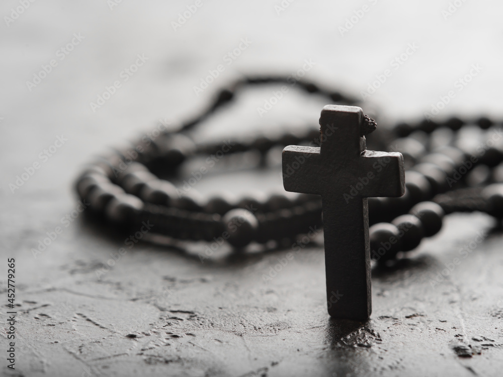 Rosary And Crucifix On A Gray Background Minimalism Close Up The Concept Is Religion Christianity Catholicism Faith Spirituality Prayer Meditation Stock 写真 Adobe Stock