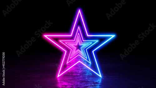 3d render glowing Star lines, tunnel, neon lights, virtual reality, abstract background.