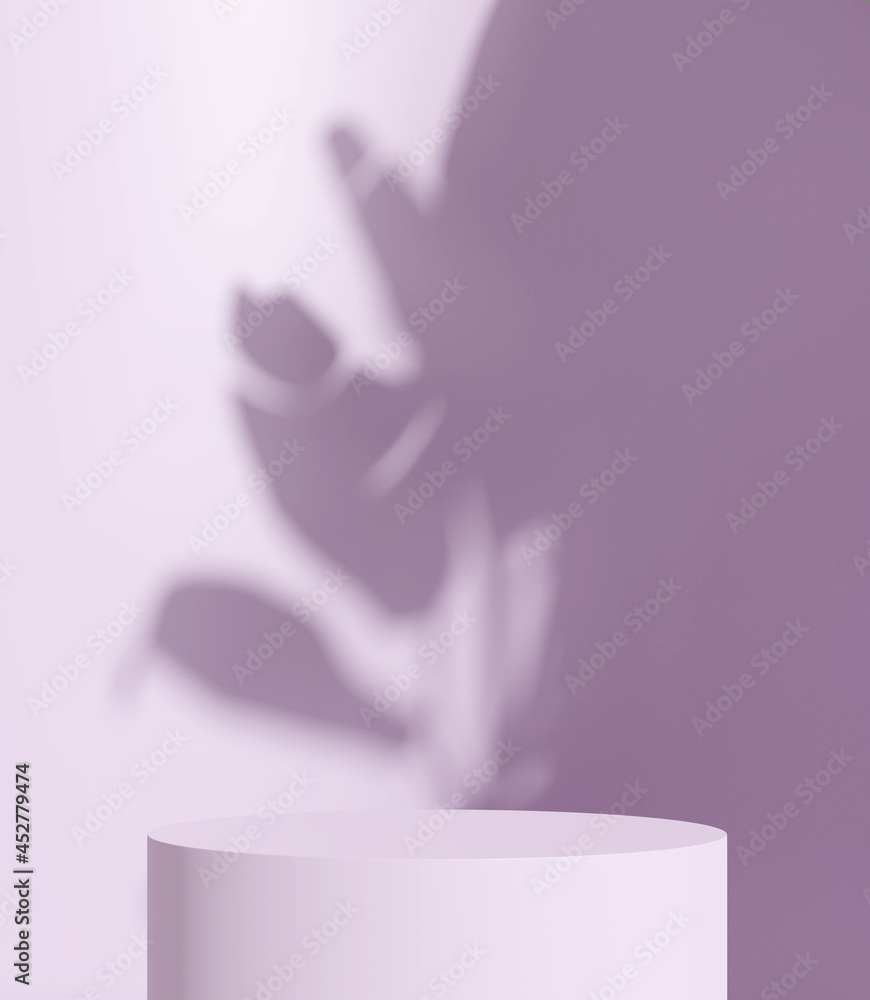 Product display podium stand with shadow nature leaves on violet background. 3D rendering