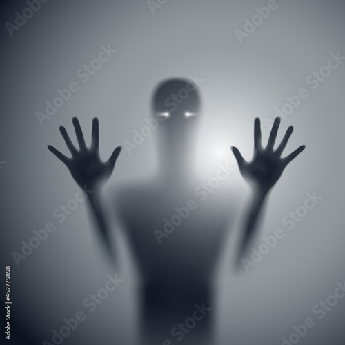 Shadow Blur of Horror Man with White Eyes Behind the Matte Glass. Blurry Hand, Body Figure Abstraction, and Two Palms. Murder or Criminal Concept