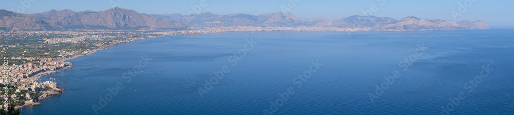 Panoramic view of the gulf of Palermo from Monte Catalfano park in Sicily