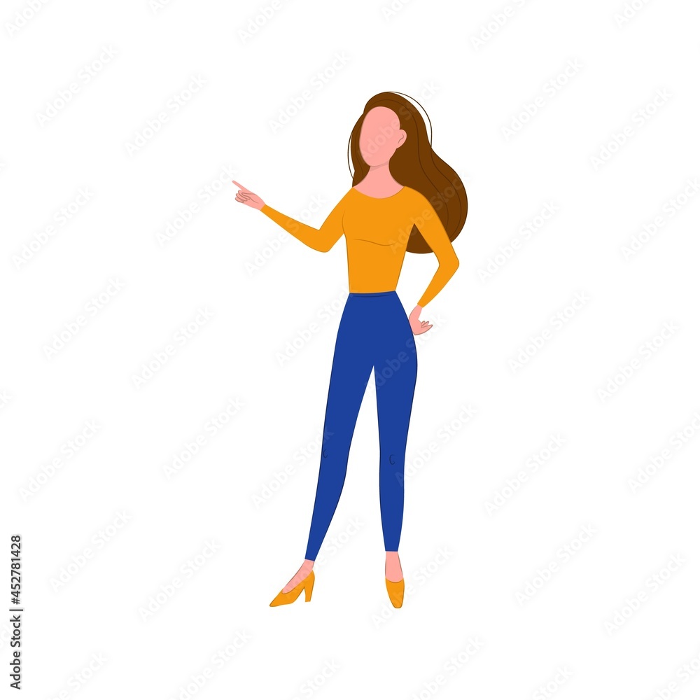 business woman isolated on white background. vector flat illustration. girl stands half sideways. 