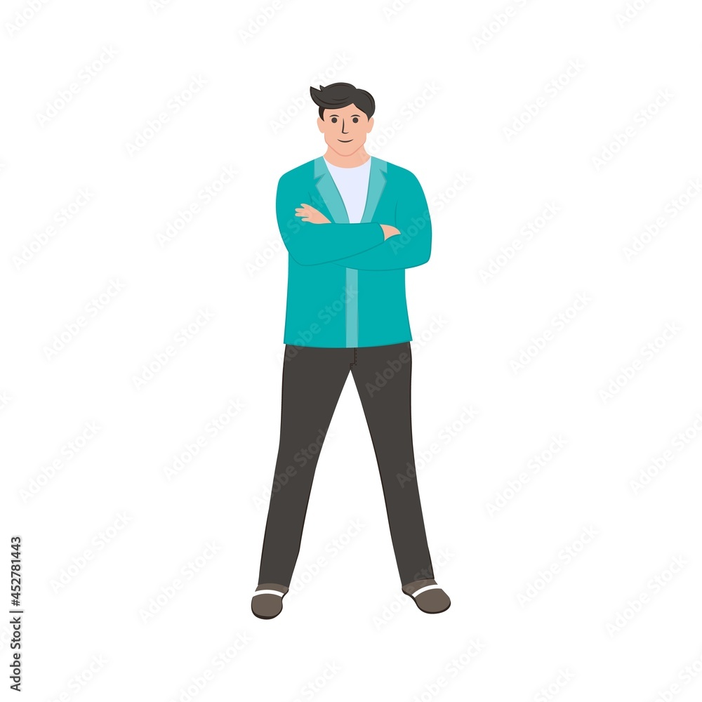 Businessman isolated on a white background. Vector flat illustration. Business man with crossed arms. Front view. 