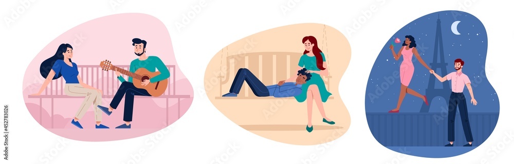 Set of scenes from romantic couple dates at different places. Male and female characters enjoing time at home, on the bench or walking down Paris together. Flat cartoon vector illustrations