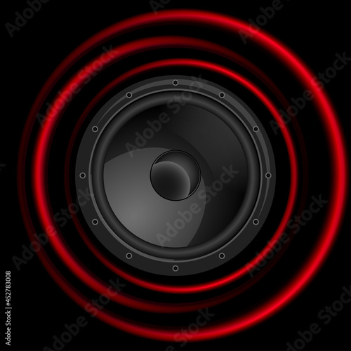 Black speaker with red sound waves