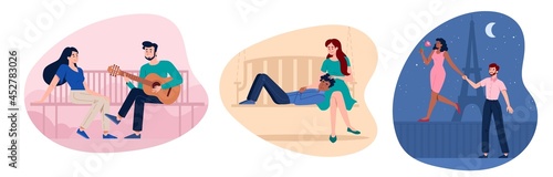 Set of scenes from romantic couple dates at different places. Male and female characters enjoing time at home, on the bench or walking down Paris together. Flat cartoon vector illustrations