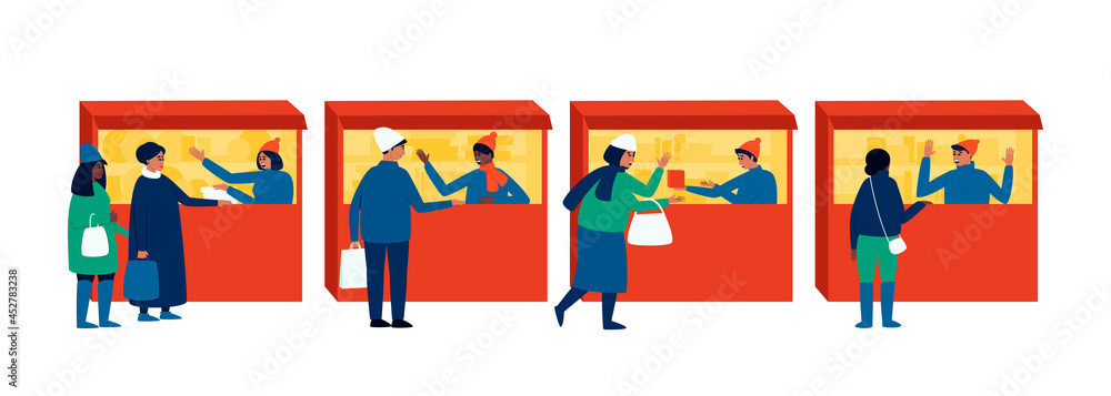 Winter market with buyers and sellers stalls on an isolated background. Illustration for shopping lifestyle design. The seller at the stall serves buyers. Flat vector illustration.