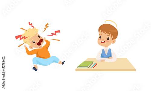 Naughty Angry Boy Shouting and Obedient Little Boy Sitting at School Desk Vector Set