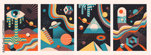 Set of colorful abstract psychedelic space compositions. Vintage colors of geometric shapes as a template banner for wall art or other creative use. Flat cartoon vector illustration