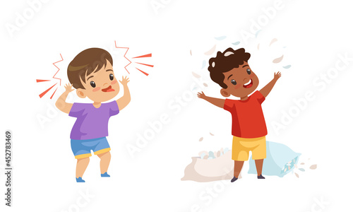 Naughty Little Boy Showing Grimace and Tongue and Tearing Pillow Vector Set