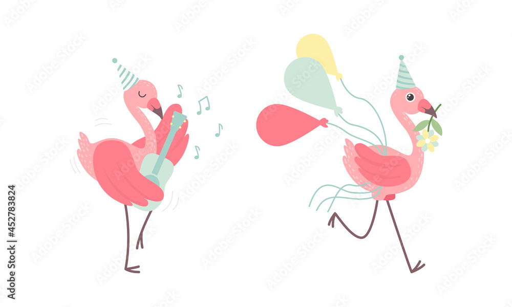 Cute Pink Flamingo in Birthday Party Hat Carrying Bunch of Balloons and Playing Guitar Vector Set Cute Pink Flamingo in Birthday Party Hat Carrying Bunch of Balloons and Playing Guitar Vector Set