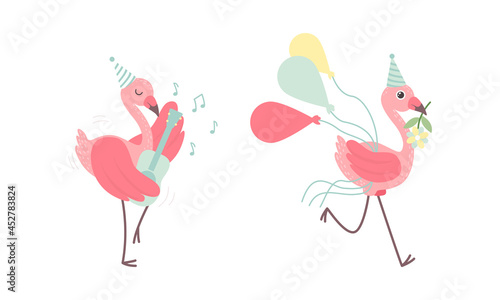 Cute Pink Flamingo in Birthday Party Hat Carrying Bunch of Balloons and Playing Guitar Vector Set
