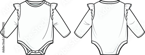 Baby Girl's Romper Bodysuit Front and Back View fashion illustration vector, CAD, technical drawing, flat drawing.