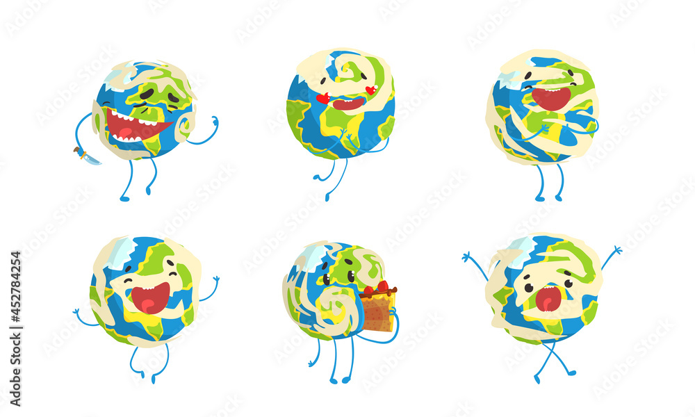 Funny Earth Planet Showing Different Emotions Set, Globe Character Activity Cartoon Vector Illustration
