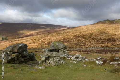 The imposing entrance to Grimspound Bronze-Age settlement, Dartmoor, Devon, England, UK photo