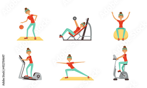 Young Woman Doing Fitness Workout Set, Girl Training with Sports Equipment, Riding Exercise Bike and Practicing Yoga Cartoon Vector Illustration