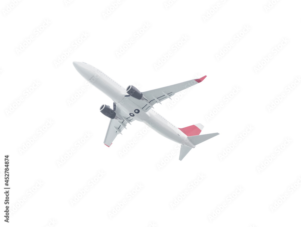 Bottom view of passenger airplane isolated on white background