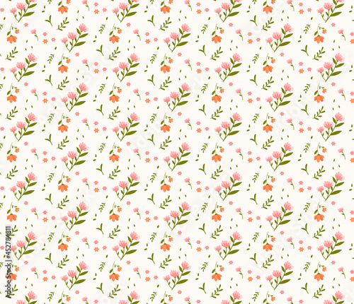 Floral seamsless pattern on yellow pastel background. Pretty pink cute flowers. Printing with small flowers. Seamless texture. Spring bouquet template for fabric. Flat cartoon vector illustration