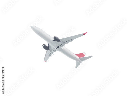 Bottom view of passenger airplane isolated on white background