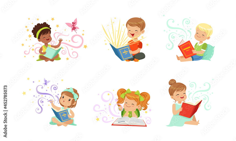 Adorable Children Reading Fairytale Fantasy Books Set, Kids Imagination Concept Cartoon Vector Illustration Adorable Children Reading Fairytale Fantasy Books Set, Kids Imagination Concept Cartoon Vector Illustration