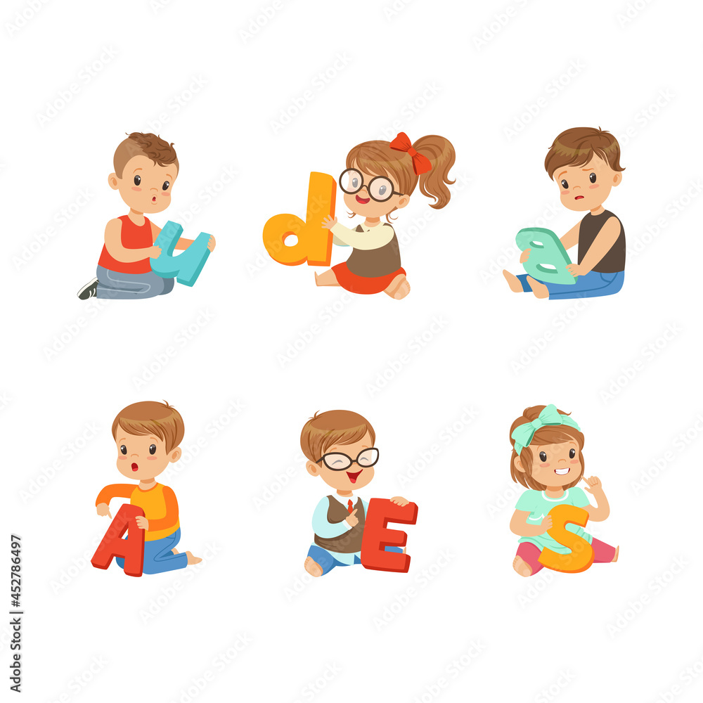 Preschool Boy and Girl Sitting on the Floor with Big Alphabet Letter Vector Set Preschool Boy and Girl Sitting on the Floor with Big Alphabet Letter Vector Set
