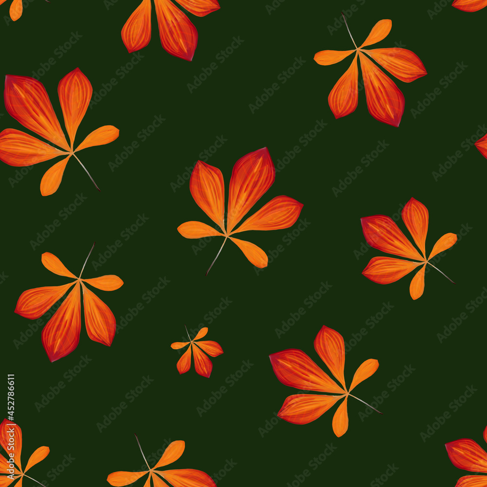 Fototapeta premium Seamless pattern with chestnut leaves in Orange, Brown and Yellow isolated on green. Perfect for wallpaper, gift paper, pattern fills, autumn greeting cards