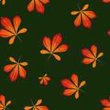 Seamless pattern with chestnut  leaves in Orange, Brown and Yellow isolated on green. Perfect for wallpaper, gift paper, pattern fills, autumn greeting cards