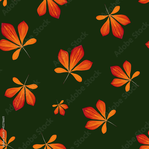 Seamless pattern with chestnut leaves in Orange, Brown and Yellow isolated on green. Perfect for wallpaper, gift paper, pattern fills, autumn greeting cards