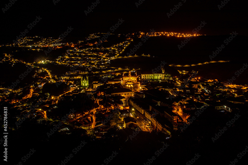 Night aerial view of the historic center of the city of Ouro Preto, State of Minas Gerais, Brazil