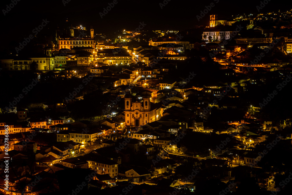 Night aerial view of the historic center of the city of Ouro Preto, State of Minas Gerais, Brazil