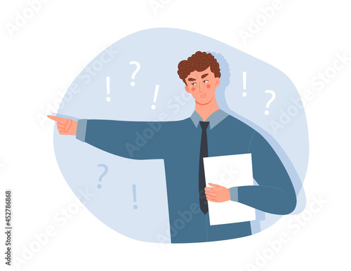Angry young male character is pointing index finger forward on white background. Man is telling someone to get out of room. Concept of conflict at work or at home. Flat cartoon vector illustration