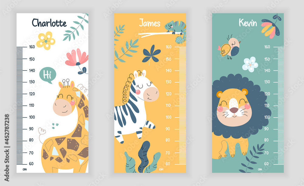 Set of colorful childish height charts for kids on grey background. Meter wall with cute animals. Poster template for nursery design. Flat cartoon vector illustration